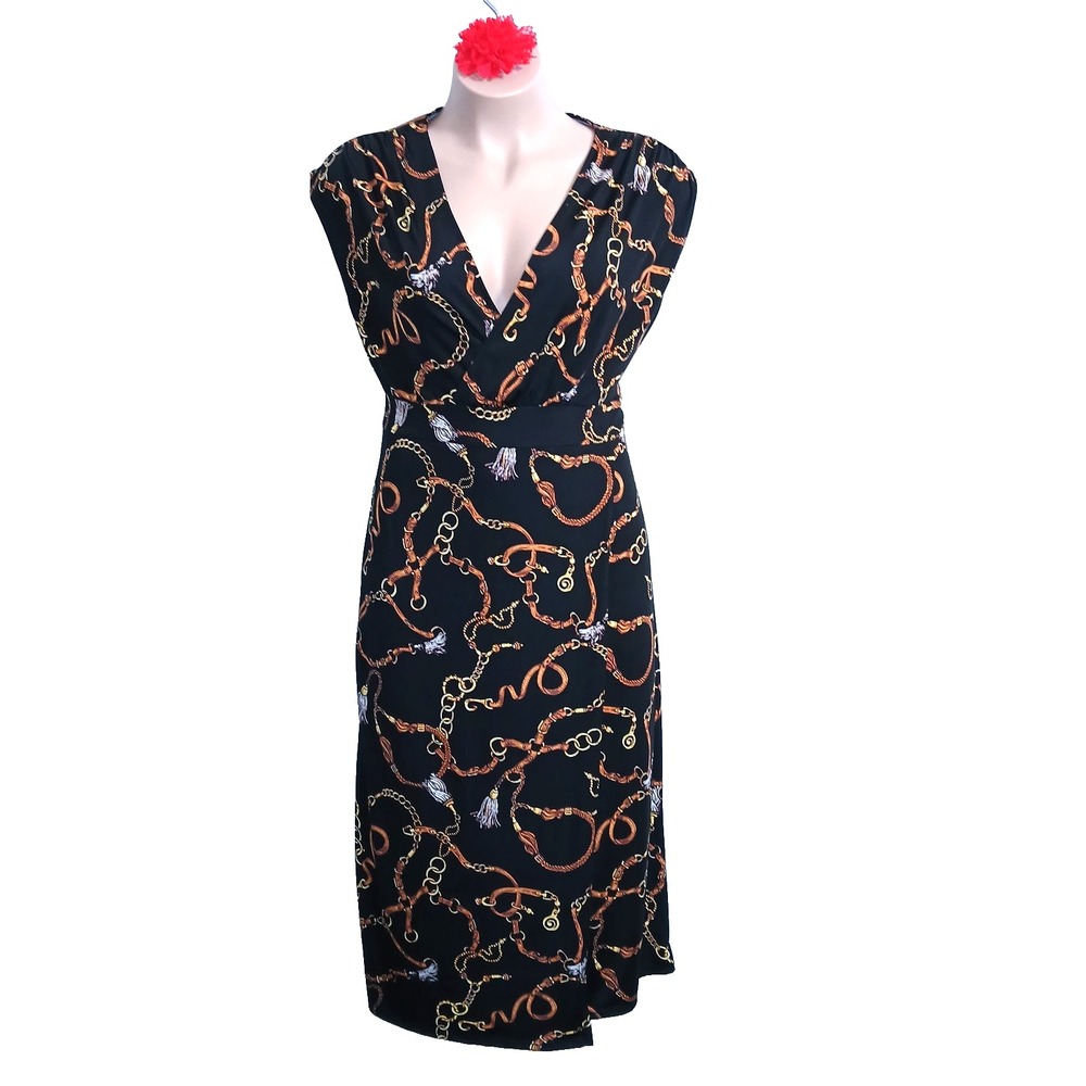 Ashley Stewart Surplice Faux Wrap Midi Dress 18 20 Black Buckle Chain Equestrian